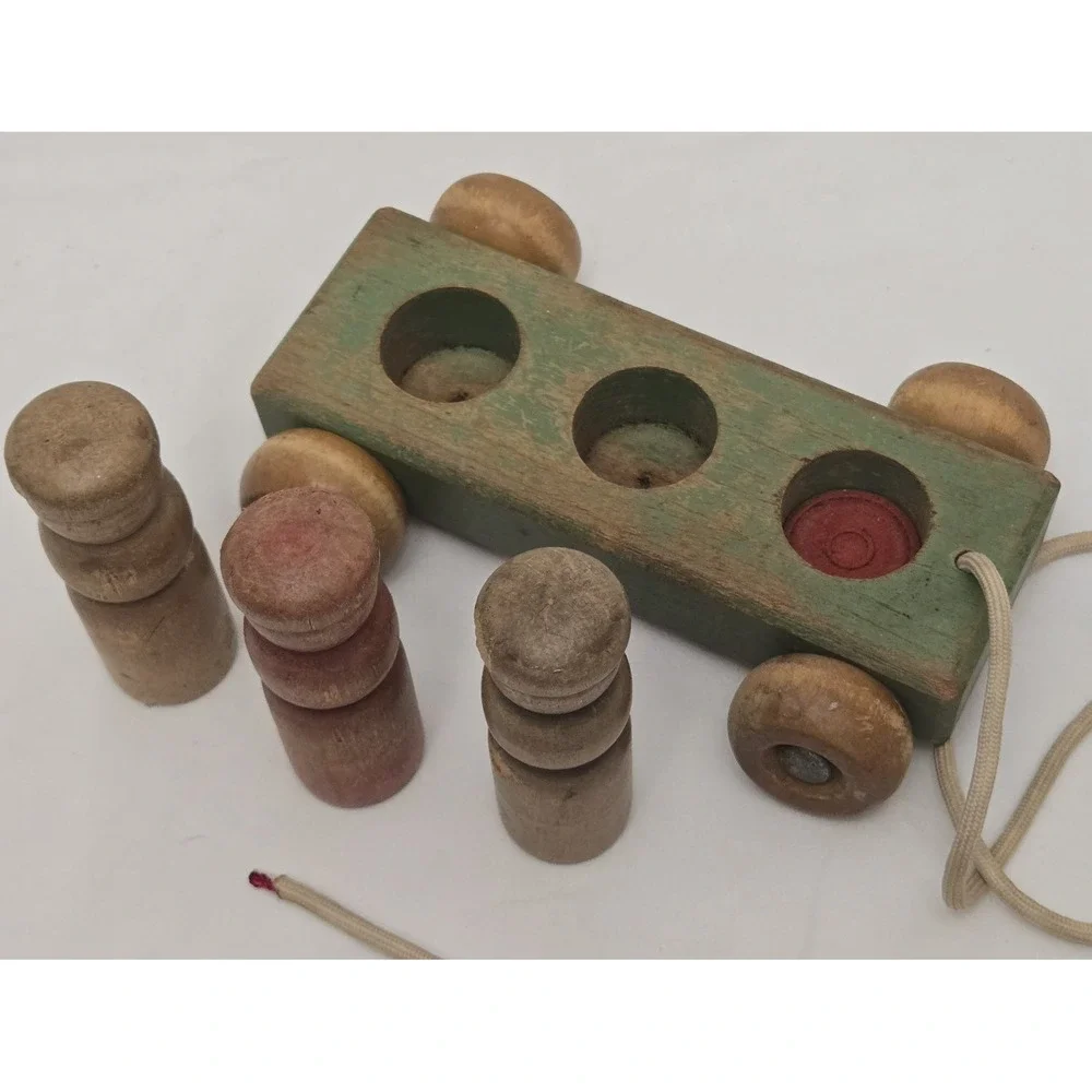 Holgate Wooden Pull Toy with 3 People Pegs, Vintage Kids Learning Original Paint